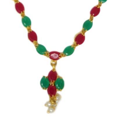 Green & Red Stone With Moti Necklace Set Close Up