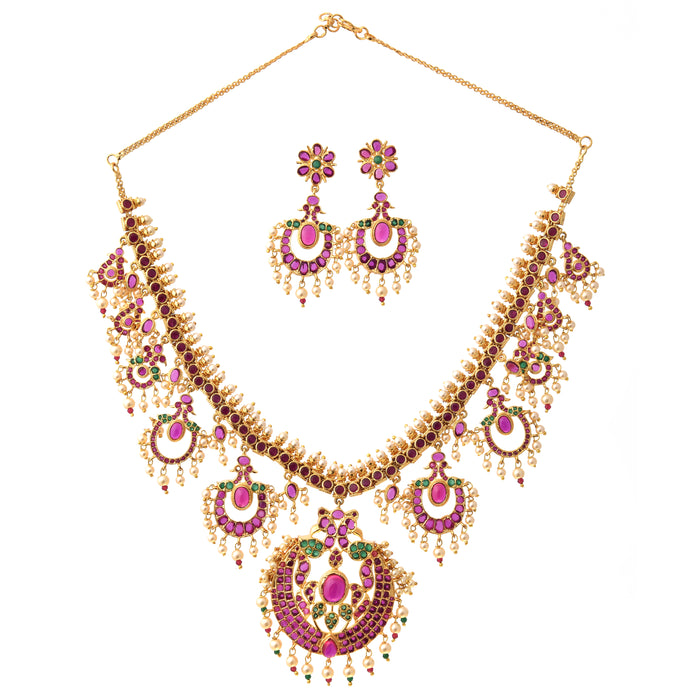 Red, Green Stone & Moti Jaypuri Necklace Set