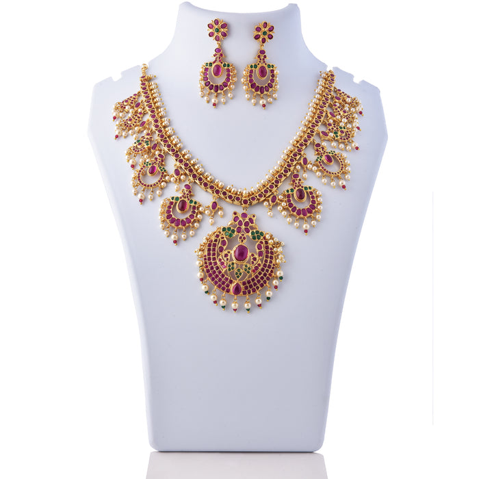 Red, Green Stone & Moti Jaypuri Necklace Set