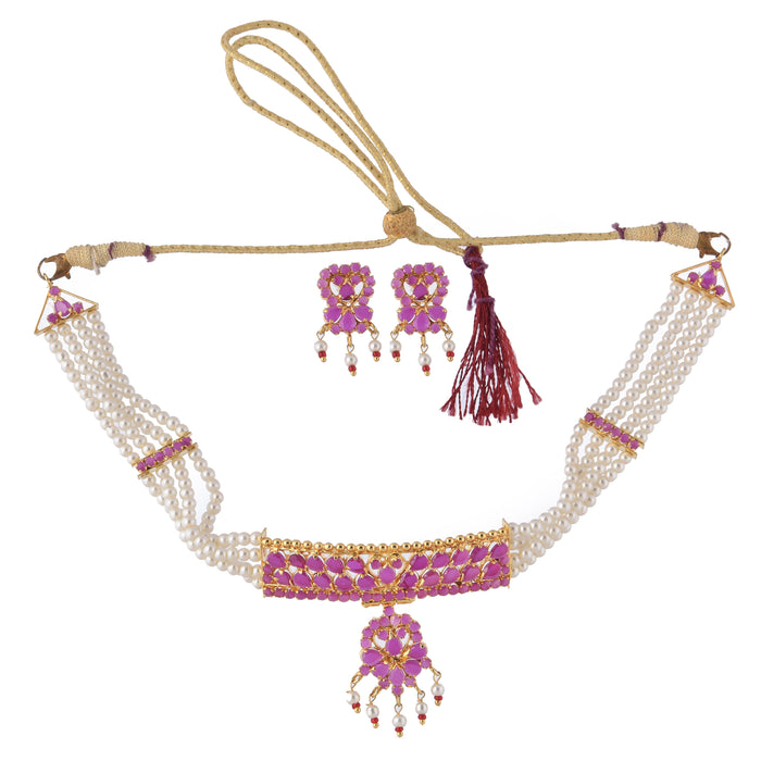 Moti & Red Stone Choker Necklace Set Top View