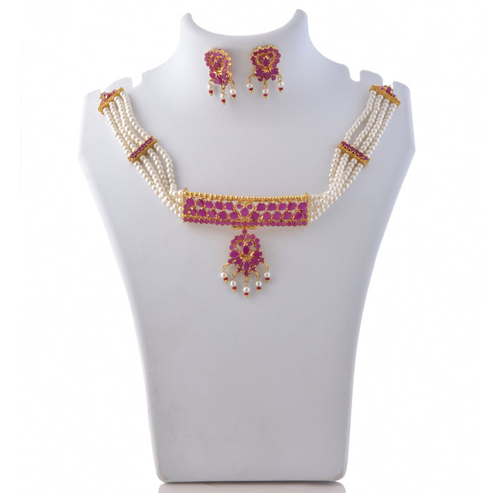 Moti & Red Stone Choker Necklace Set On Mannequin