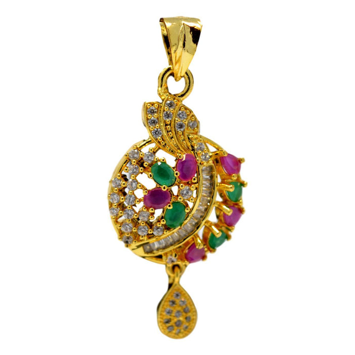 American Diamond with Pink & Green Stone Pendant Set Only Pendant