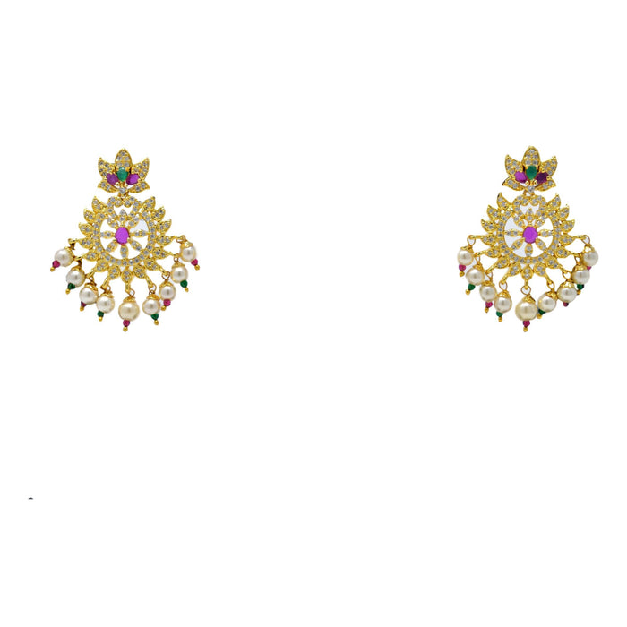 American Diamond with Moti & Red Green Stone Pendant Set Earrings